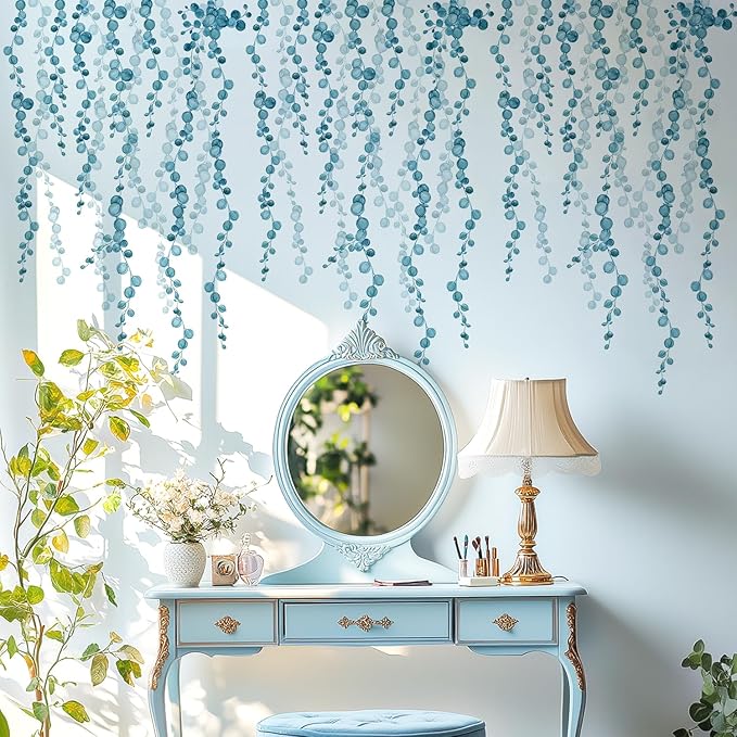 Blue Hanging String of Pearls Succulents Vine Wall Decals Peel and Stick, Large Plants Leaf Vinyl Wall Stickers, Removable Home Decor Art for Bedroom Living Room Classroom Office