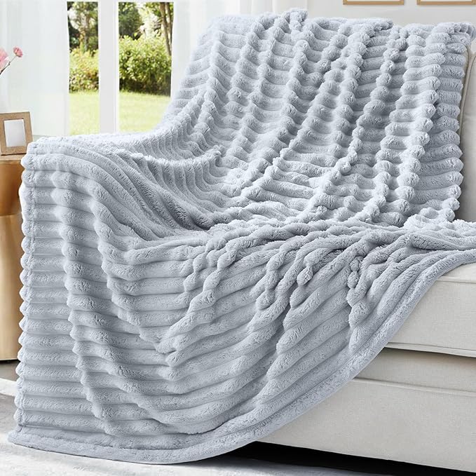 decorUhome Soft Fleece Light Grey Twin Blanket for Bed, Cozy Fluffy Plush Flannel Striped Throws for Couch Sofa, Lightweight Decorative Ribbed Fuzzy Blanket for Woman, 60x80 Inches