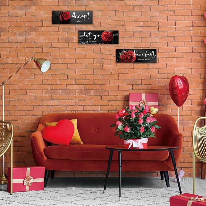 3 Pcs Red Decor Flower Inspirational Wooden Wall Art Red Roses Office Wall Decor with Accept Let Go Have Faith Positive Quotes for Girl Women Bathroom Living Room Bedroom(Red Rose12 x 4 Inch)