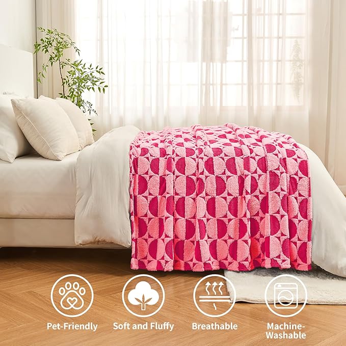 3D Circle Pattern 300 GSM Soft Throw Blankets for Bed - Hot Pink Throw Blankets for Women,Warm Small Throw Blanket, 60x80 Inches
