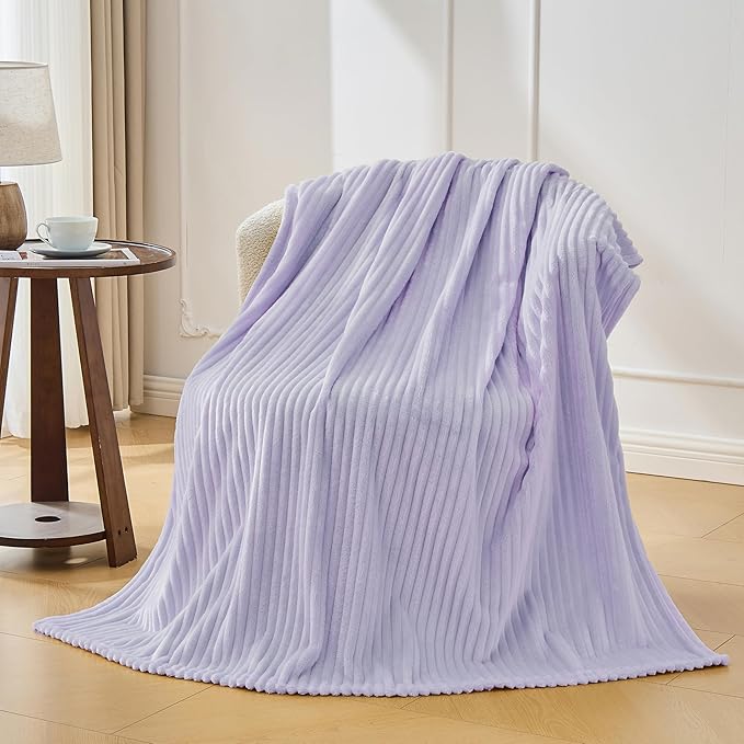 Bnuitland Fleece Throw Blanket for Couch, 300GSM Soft Warm Cozy Fluffy Throw for Adults & Kids, Stripe Pattern, All Season Sofa Bed Blanket for Home Decor, Light Purple 50"x60"