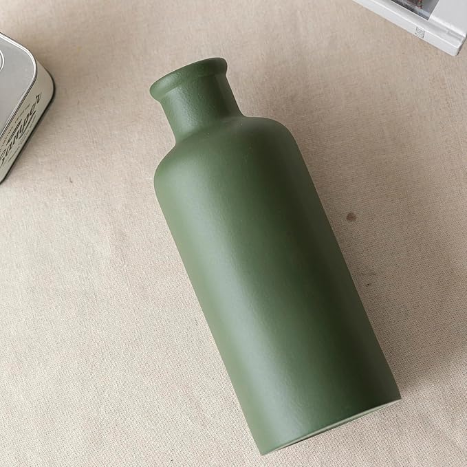 Green Ceramic Vase for Flowers, Modern Decorative, 10 Inch Tall, 4 Inch Width, Farmhouse Style Home Decor for Pampas Grass, Living Room, Dining Table, Office Decor, Kitchen Shelf (Mattte Green)