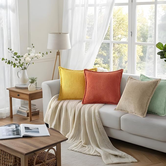 Mecatny Corduroy Throw Pillow Covers 12x20 Set of 2, Neutral Decorative Soft Boho Lumbar Couch Pillow Covers with Broadside for Sofa Living Room, Mustard Yellow