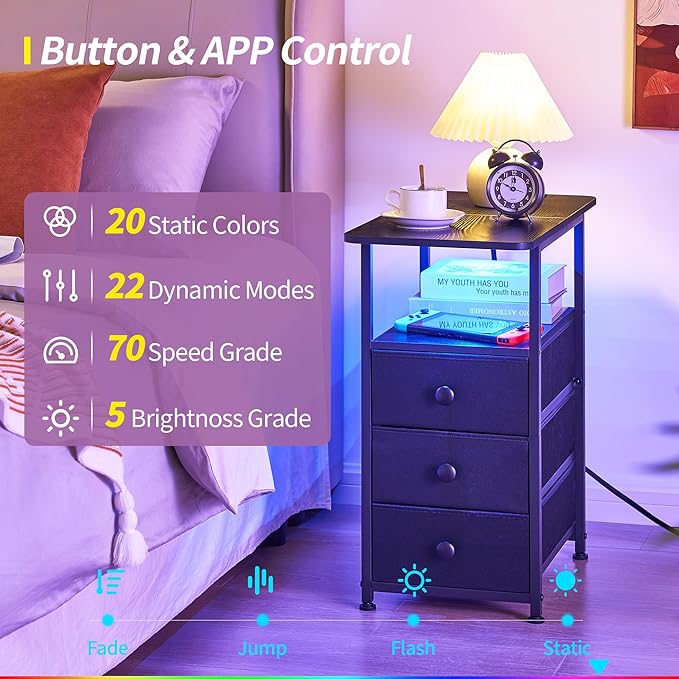 Narrow End Table with Charging Station, Narrow Side Table with 3 Fabric Drawers, Slim Nightstand with LED Light, Small Bedside Table with Storage, Living Room, Bedroom, Black HKET1303BK