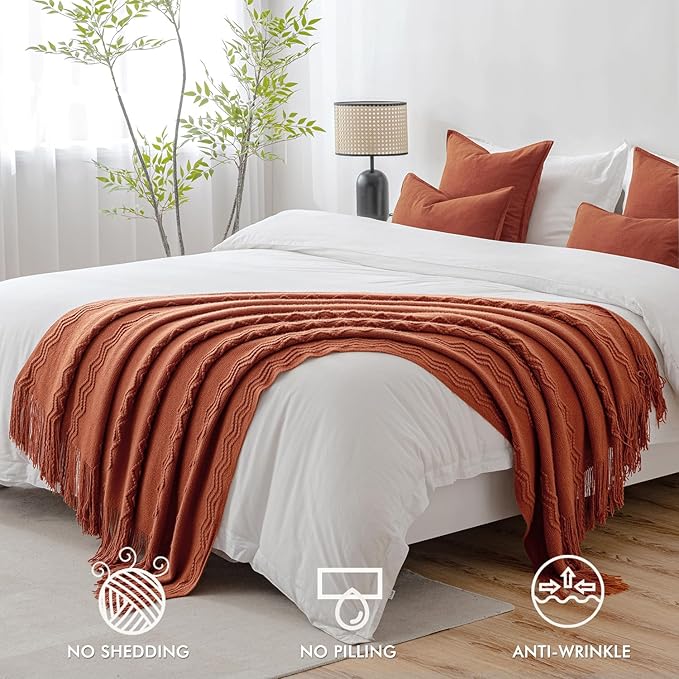 MIULEE Rust Knitted Throw Blanket for Couch Boho Terracotta Textured Cozy Woven Blanket with Tassels for Sofa Chair Bed Living Room Acrylic Wave Pattern 60"x80"