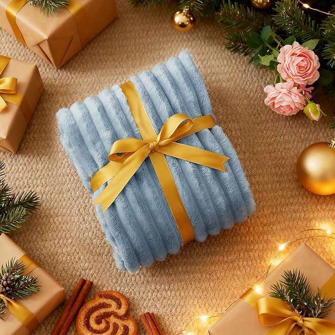 Nookly Light Blue Twin Size Fleece Blanket, Soft Lightweight Ribbed Plush Bed Blanket, Cozy All-Season Striped Fleece Twin Throw for Bedroom and Home, 60x80 Inches