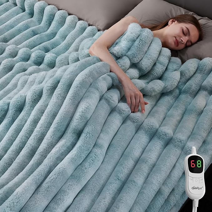 Heated Throw Blanket, Faux Fur Cozy Heating Blanket with Overheat Protection, 1/2/4/6/8 Hours Auto-Off 10 Heat Level, Machine Washable (72x84 I Inches, Blue)