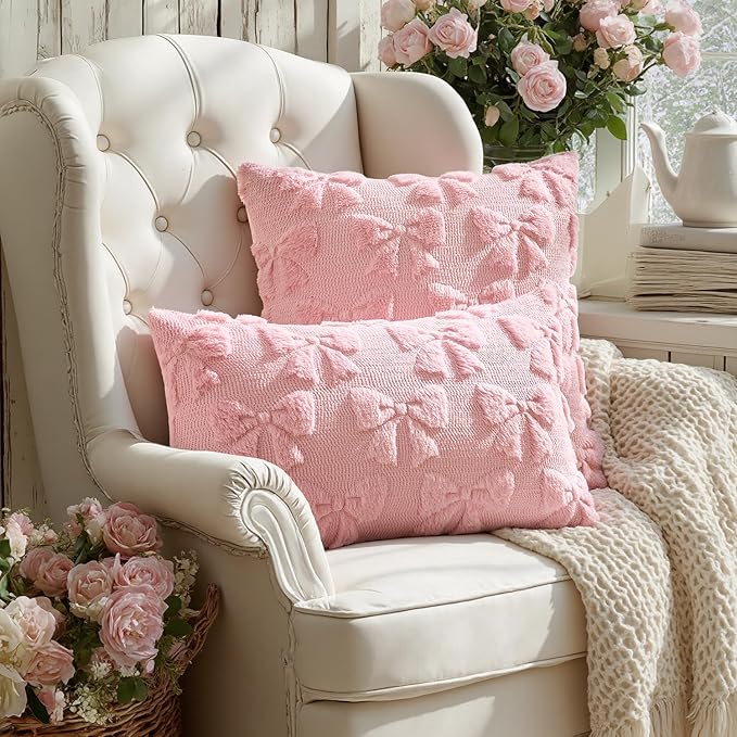MIULEE Pink Bow Pillow Covers Coquette Room Decor Aesthetic Set of 2 Spring Decorative Cute Girl Soft Plush Faux Pillowcase for Preppy Room Decor Bedroom Couch,16x16 Inch