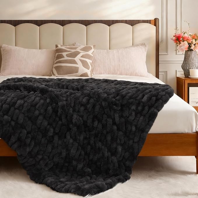 Ultra Soft Luxury Faux Fur Twin Blanket for Couch, Fuzzy Fluffy Plush Warm Cozy Ruched Blanket for Sofa Bedroom Living Room, Elegant Gift Idea for Women (60"x80",Tie-dye Black)