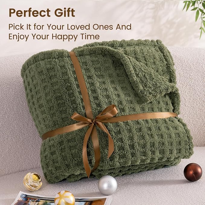 David's Home Ultra Soft Fleece Blanket King Size for Bed, Plush Shaggy Fluffy 3D Jacquard Waffle Throw for Couch, Warm Lightweight for Fall Winter,Fuzzy Aesthetic Room Decor,108x90 inches,Dark Olive