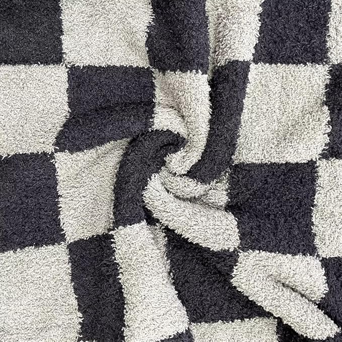 Soft Checkered Throw Blanket, Ultra Cozy Knit Throw Blanket Fluffy Fuzzy Reversible Checkerboard Blanket for Travel Couch Sofa Bed Decor, 51x63 inches, Black Grey