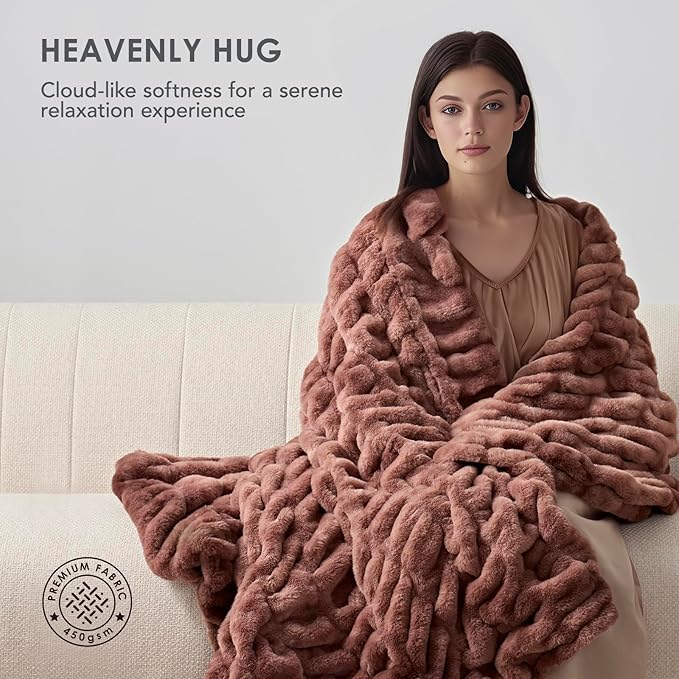 EVERGRACE Luxurious Soft Faux Rabbit Fur Throw Blanket, Cozy Fuzzy Plush Warm Throws for Couch Bed Sofa Chair Home Decor, Ruched Bubble Fluffy Blanket with Reversible Velvet, 60" x 80", Mocha Brown