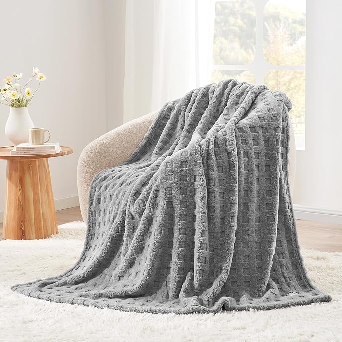 Cozy Bliss Ultrasoft Waffle Throw Blanket, Fluffy Cute Plush Blanket for Couch, Bed, Modern Home Accent, Portable for Picnic or Outdoor, Grey, 50"x60"