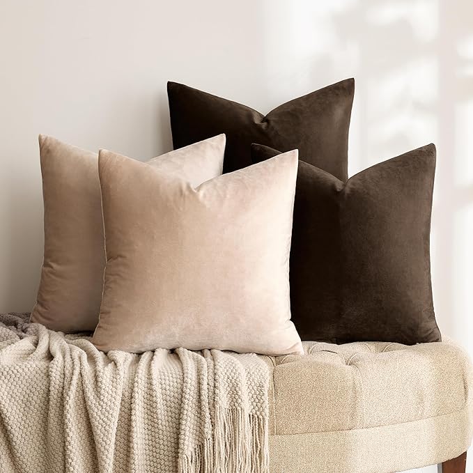 GIGIZAZA Pillow Covers 20x20 Set of 4,Brown Champagne Velvet Soft Pillow Covers Decorative Square Modern Pillows Cushion Cases for Living Room