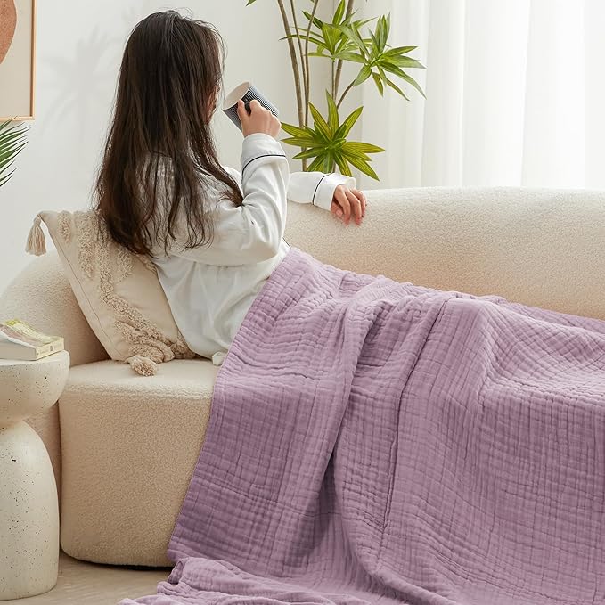 Love's cabin 100% Cotton Muslin Blanket, 6 Layer Lightweight Breathable Gauze King Size Blanket 108 x 90 Inches, Soft Summer Blanket for Bed, Lavender