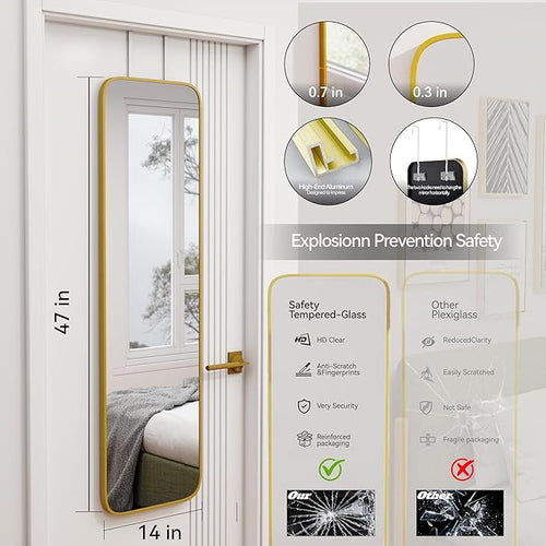 47x14 Mirror Rectangle Full Body Length Door Hanging Wall Mounted Aluminum Alloy Metal Frame Dressing Make-up Mirrors for Entryway Bedroom Bathroom Living Room 47 14 inch Gold