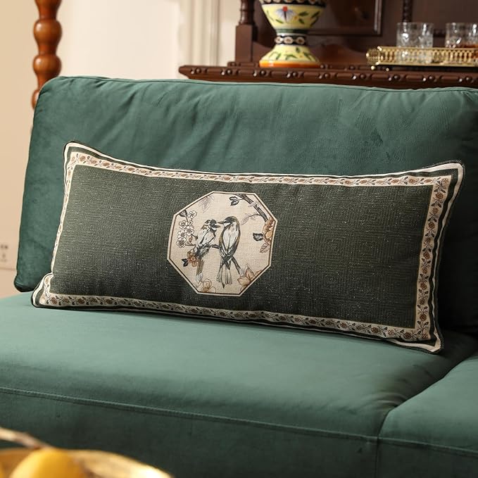ISAENNE Design Linen Chinoiserie Lumbar Throw Pillow Covers 12"x28" Pack of 2, Farmhouse Cushion Covers with Yellow Floral Birds Pattern Decoration Pillowcases for Bed,Living Room,Outdoor,Car
