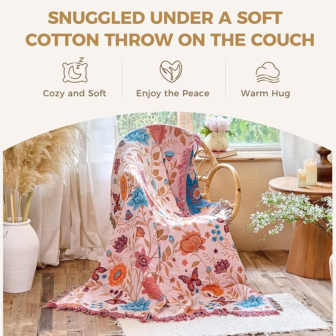 Boho Throw Blanket for Bed Cotton Spring Blankets Twin Size for Bedroom Living Room All Season Lightweight Floral Butterfly Embroidery Quilt for Couch Sofa Chair 60"x80" Home Decor