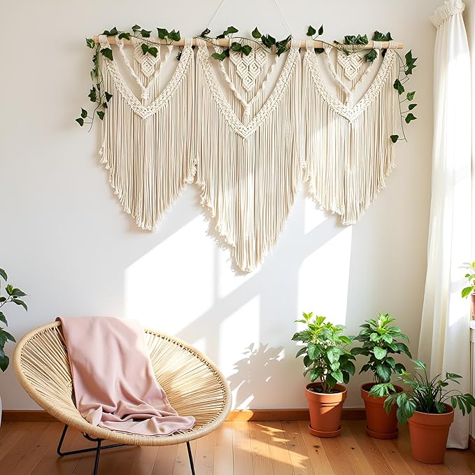 guzhiou large macrame wall hanging - Boho Tapestry Macrame Wall Decor Art- Chic Bohemian Handmade Woven Tapestry Home Decoration for Bedroom Living Room Apartment Wedding Party - 43"x32" (with Ivy)