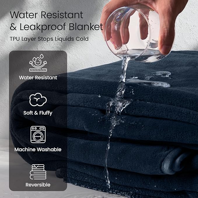 LOOBANI Waterproof Blanket for Bed Couch: Soft Coral Fleece Twin Bed Blankets Waterproof 60" x 80", Reversible Leakproof Throw Blanket, Stain-Resistant Furniture Protector, Pet-Friendly, Blue