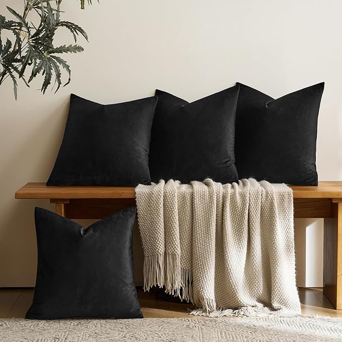 GIGIZAZA Black Velvet Pillow Covers - 16x16 Pack of 4 Decorative Throw Pillows Soft Couch Cushion Luxury Covers for Bed Living Room Accent Elegant Pillow Cases