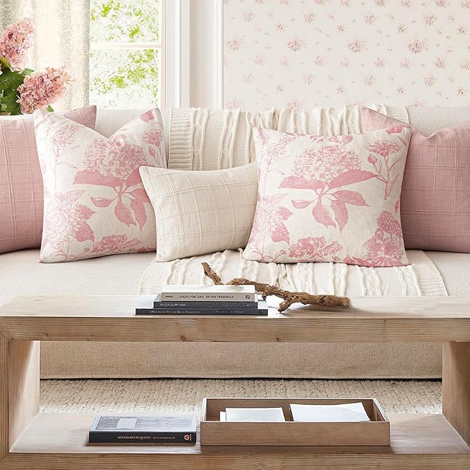 Foindtower Set of 2 Linen Floral Throw Pillow Covers Neutral Vintage Print Decorative Cozy Cushion Covers Farmhouse Boho Home Decor for Sofa Chair Couch Bedroom Living Room,22×22 Inch,Light Pink