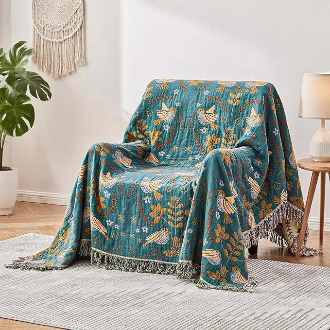 Boho Blanket for Bed 100% Cotton Bohemian Throw Blankets Ultra Soft Woven Muslin Decorative Blankets All Seasons Vintage Quilt Knitted Blanket for Sofa Chair (Colorful, 90"x98")