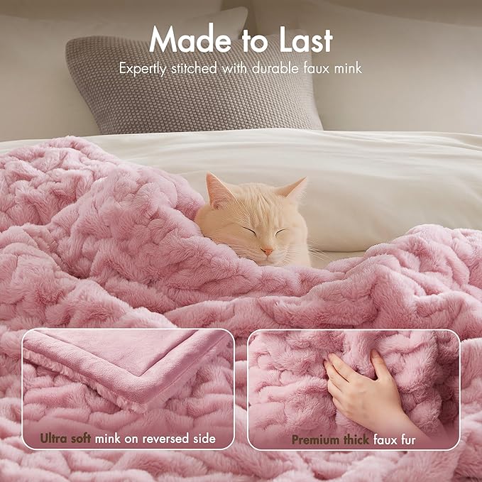 Madison Park Ruched Luxury Throw Premium Soft Cozy Brushed Long Faux Fur for Bed, Couch or Sofa, 50"x60", Pink