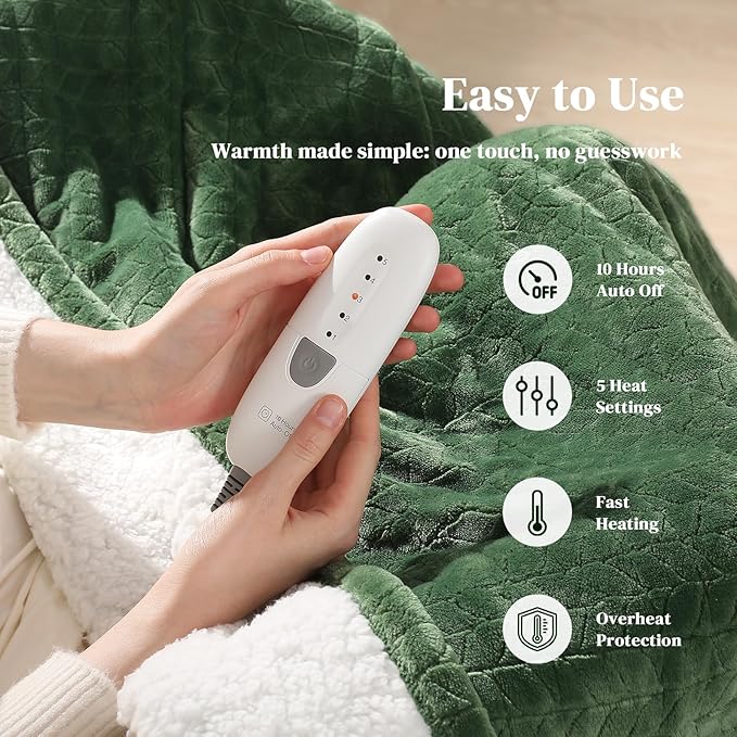 Twin Electric Blanket 62"x84" Heating Blanket Twin, Wheat Pattern Ultra-Soft Flannel & Thick Sherpa with 5 Heat Settings & 10 Hour Auto Shut-Off, ETL & FCC Certified, Machine Washable Home Use, Green