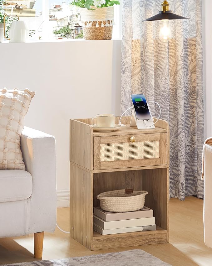 Rattan Nightstands Set of 2 with Charging Station, Boho Nightstand, Rattan Bedside Tables with Drawer, Storage Side Table with 2 USB Ports, Bedroom, Natural MBZ01UP2WO