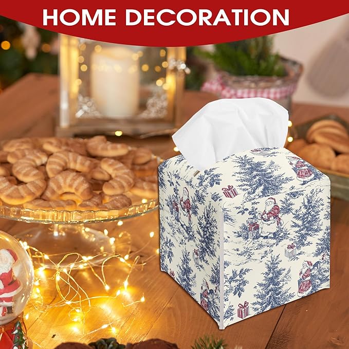 Watercolor Blue Chinoiserie Tissue Box Cover, Christmas Santa Claus Tissue Box Cover Square, Xmas Gift Ideas for Family Friends, Bathroom Kitchen Car Office Home Table Decor(5.2 Inches)-B18