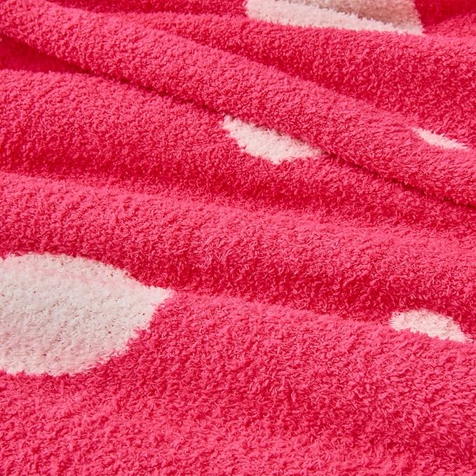 CozeCube Super Soft Fullfy Microfiber Reversible Knitted Blankets, Warm Cozy Fuzzy Plush Throw, Hot Pink and White Polka Dot Throw Blanket for Couch Bed Sofa, 60" x 80"