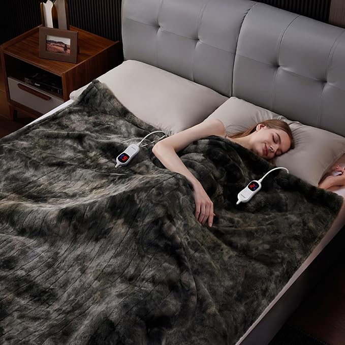 Guohaoi Heated Blanket Electric Throw, Soft Faux Rabbit Fur Electric Blanket with 10 Heating Levels 5 Sitting Timer Auto Off, Dual-Controller Heating Blankets, Machine Washable(90"×100" Dark Grey)
