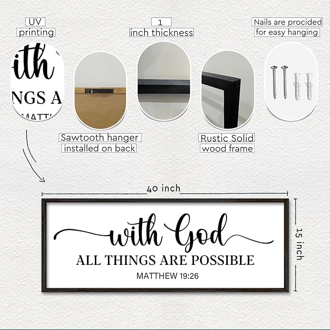 YWMZYKJGS With God All Things Are Possible Sign Wall Decor 40"×15" Matthew 19:26 Bible Verse Jesus Religious Christian Scripture Prayer Large Wooden Framed Wall Hanging Art (Black)