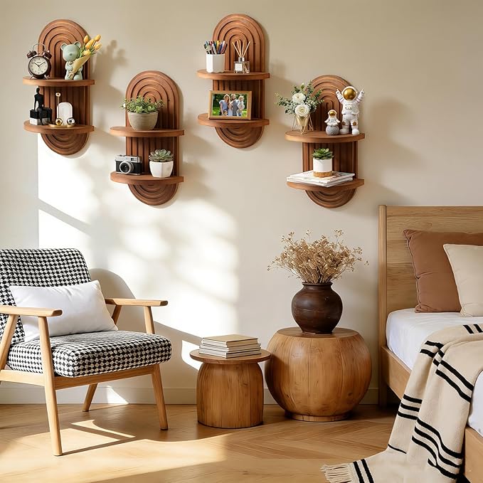 4 Pack Boho Wall Decorative Wall Shelf - Solid Wood Water Ripple Floating Shelves for Bedroom Indoor Decoration Holding Planter Ornaments, 15.6 x 8.66 Inch (Walnut)