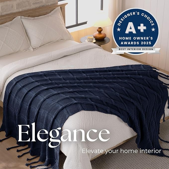 Boho Knitted Chenille Blanket with Tassels - Lightweight & Soft All-Season Throw - 3D Classic Pattern for Living Room Bedroom Couch, Royal Blue, Queen 90"x90"