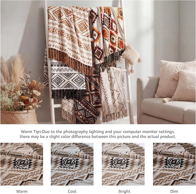 CASAAGUSTO Boho Throw Blanket - Brown White Decorative Blankets with Tassel, Printed Flannel Bohemian Blanket for Chair, Bed, Sofa, Couch(60 * 80, Brown White)