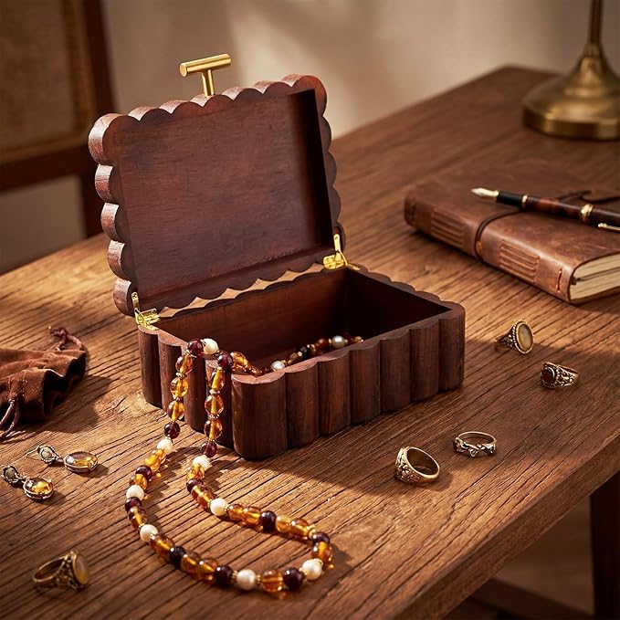 Nosiny Scalloped Wooden Jewelry Box Trinket Organizer with Lid Fan Shaped Decorative Storage Box for Keepsake, Rings, Earrings, Photos, Home Nightstand Dresser Display, 7.25 x 10 x 3.88 Inches