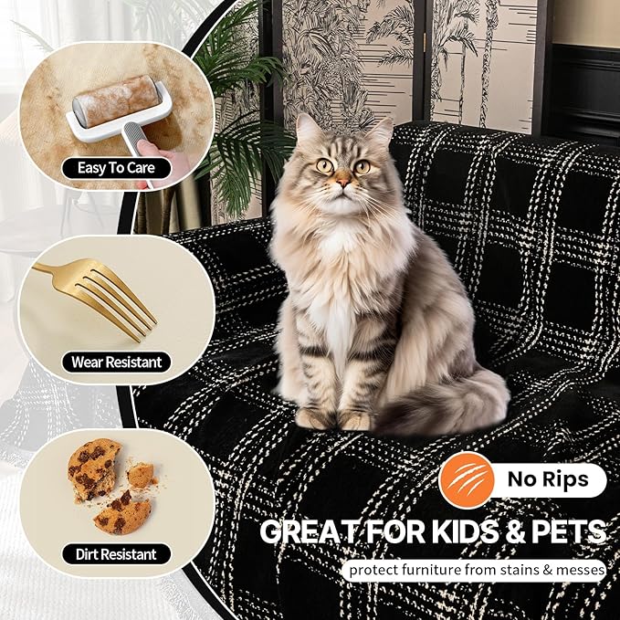 HANDONTIME Checkered Sofa Cover Washable, White Plaid Couch Slipcover Geometric Pet Couch Cover for Dogs Chenille Durable Couch Covers for 3 Cushion Couch Sofa Pet Friendly (Black, 71"x150")