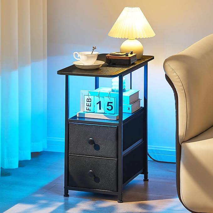 Narrow End Table with Charging Station, Narrow Side Table with 2 Fabric Drawers, Slim Nightstand with LED Light, Small Bedside Table with Storage, Living Room, Bedroom, Black HKET1203BK