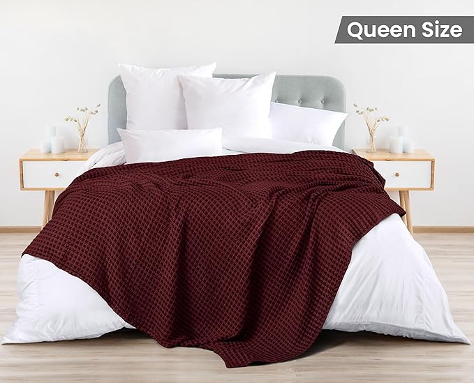 Utopia Bedding Burgundy 100% Cotton Waffle Blanket 300 GSM [Queen - 90x90 Inch] Soft Lightweight Breathable Bed Blanket for All Season