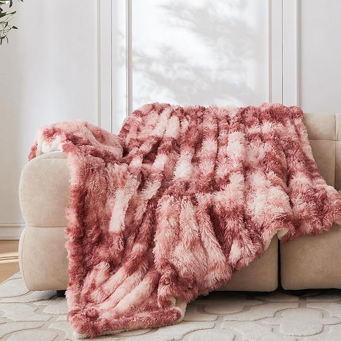 COOVA Ultra Soft Faux Fur Twin Blanket – Fuzzy Fluffy Cozy Microfiber Blankets, Warm Thick Plush Sherpa Fleece Throw Blanket for Couch,Bed,Sofa,Ideal Gift for Women.(Tie Dye Rose Red, 60"x80")
