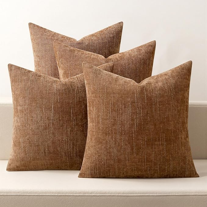 MIULEE Pack of 4 Decorative Throw Pillow Covers 18x18 Inch Camel Chenille Textured Throw Pillows Boho Farmhouse Accent Cushion Covers for Modern Home Decor Couch Sofa Bed Living Room