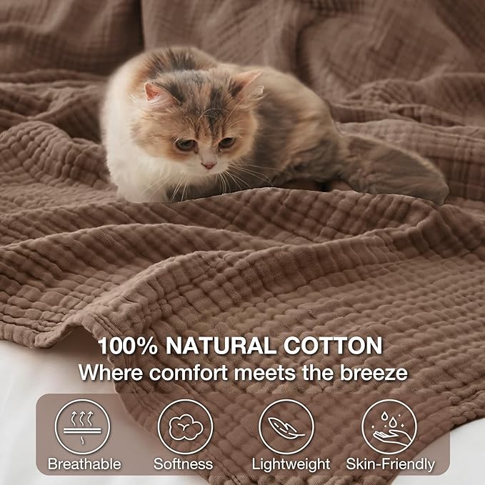 100% Cotton Muslin Blanket 40" x 40", Breathable and Lightweight Cotton Throw Blankets, Soft Cooling Summer Gauze Blanket for All Season, Tan
