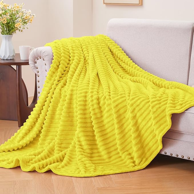 BEDELITE Fleece Throw Blanket for Couch – 3D Ribbed Jacquard Soft and Warm Decorative Fuzzy Blanket – Cozy, Fluffy, Plush Lightweight Yellow Throw Blankets for Bed, Sofa, 50x60 inches