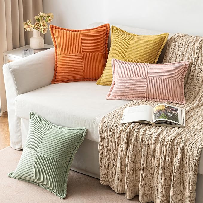 MIULEE Orange Decorative Throw Pillow Covers for Couch Bed Livingroom 20x20 Inch Set of 2 Boho Accent Throw Pllows Broadside Striped Patchwork Soft Corduroy Pillowcases