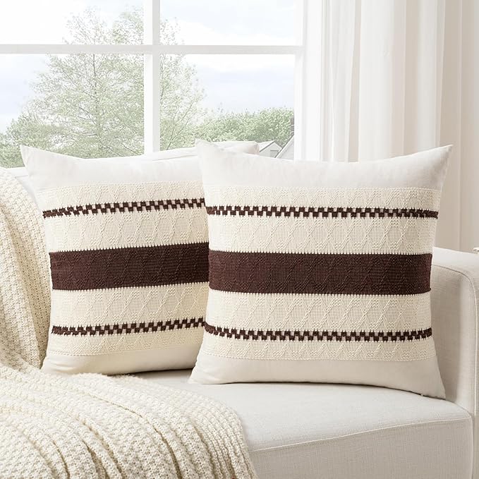 Fancy Homi Set of 2 Boho Brown Decorative Throw Pillow Cover 20x20 Inch for Couch Bed Sofa, Aesthetic Modern Organic Farmhouse Home Decor, Soft Cotton Cute Accent Macrame Woven Cushion Case
