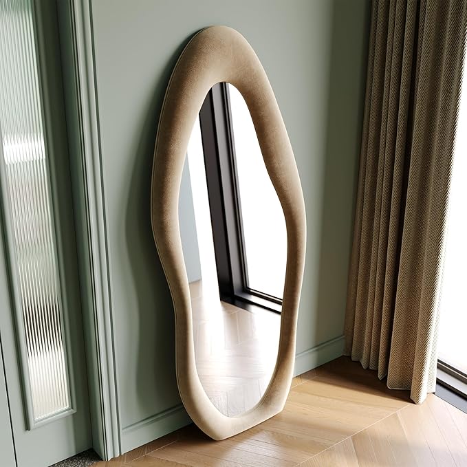 Honyee Full Length Mirror, 63" x 24" Wall Mirror, Flannel Wrapped Wooden Frame Floor Mirror, Irregular Wavy Mirror Hanging or Leaning Against Wall for Cloakroom/Bedroom/Living Room, Milk Tea