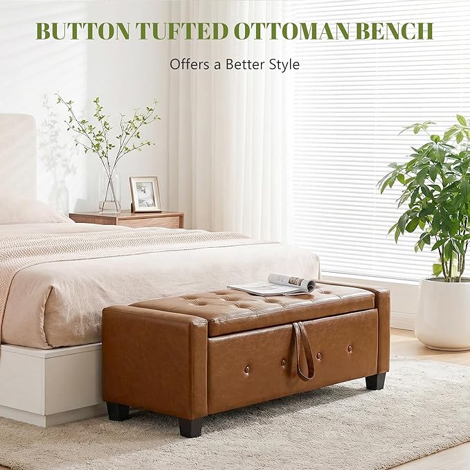 48" PU Leather Storage Ottoman Benches for Bedroom,Tufted Ottomans with Storage for Living Room,Mid Century Modern Bench with Seating for Entryway,Window,Bedside (PU Brown, 48 inch)
