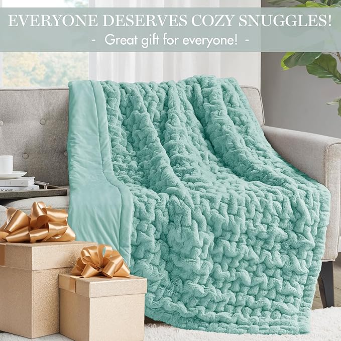 Madison Park Ruched Luxury Throw Premium Soft Cozy Brushed Long Faux Fur For Bed, Couch or Sofa, 50"x60", Aqua